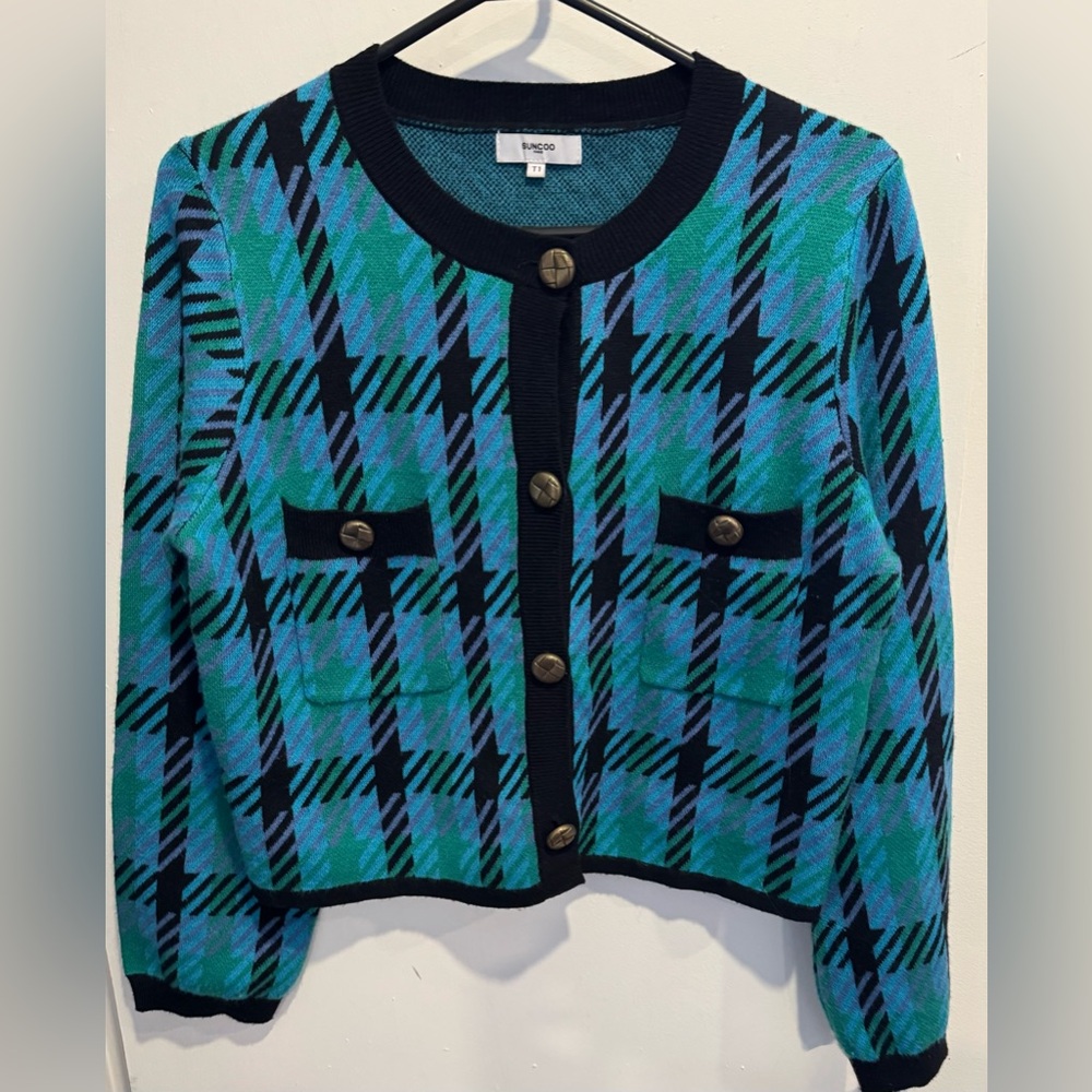 Suncoo Paris Gaya cardigan gilet chanel plaid blue office party chic chanel S